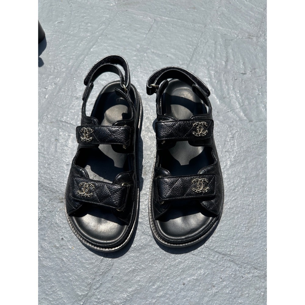 Chanel Black Caviar Leather Quilted Dad Sandals CC Logo Slingback Size 39
